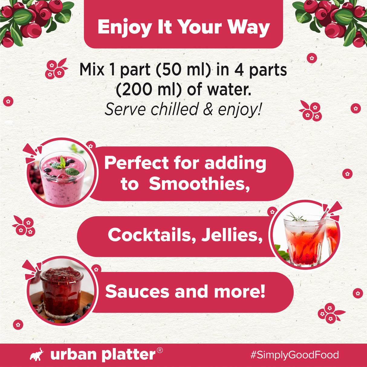 Urban Platter 100% Canadian Cranberry Juice, 350ml | No Added Sugar, Preservative-Free | Antioxidant-Rich, Supports UTI Health | Ideal for Cocktails & Mocktails