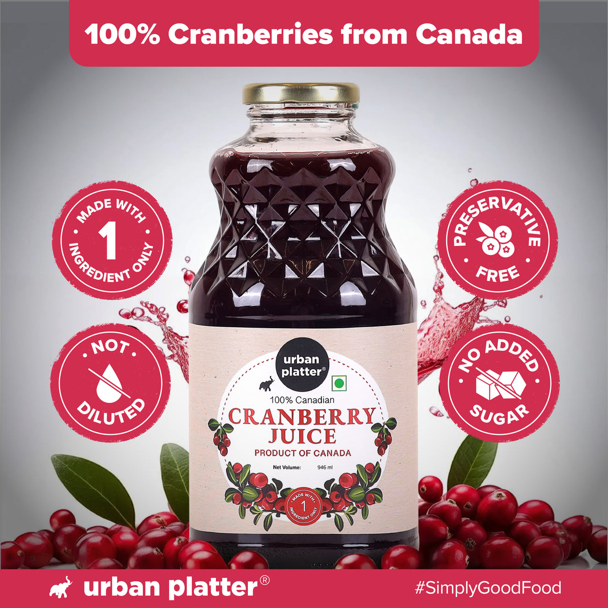 Urban Platter 100% Canadian Cranberry Juice, 946ml | No Added Sugar, Preservative-Free | Antioxidant-Rich, Supports UTI Health | Ideal for Cocktails & Mocktails