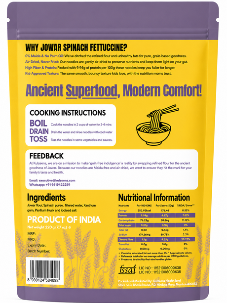 Jowar Spinach Fettucine, 220g (Wholesome and Comforting Pasta Alternative)