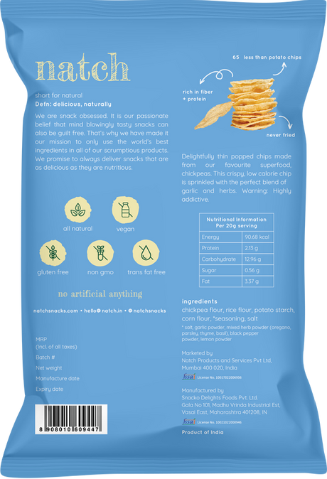 Natch Garlic & Herb Popped Chips, 55g