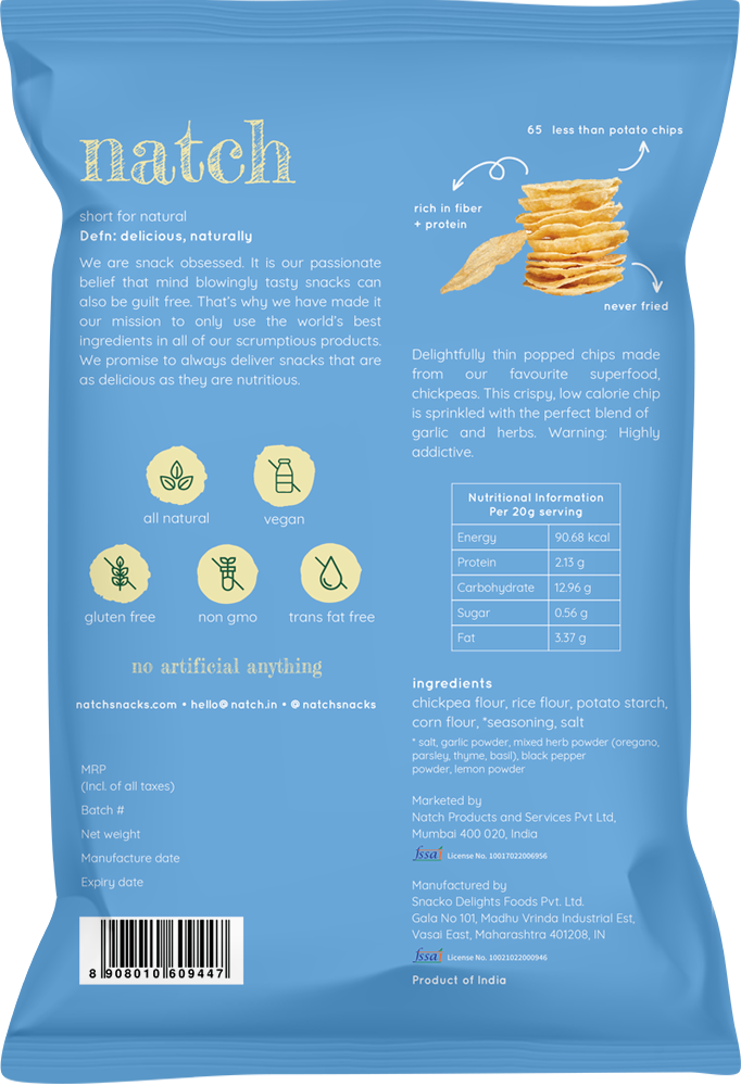 Natch Garlic & Herb Popped Chips, 55g