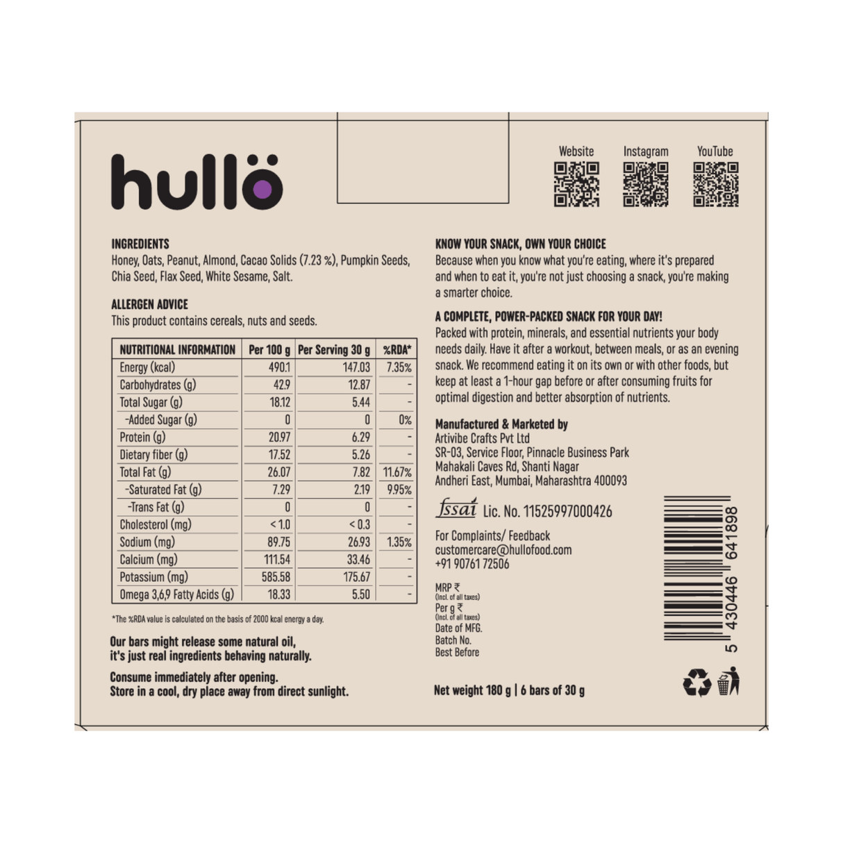 The Nuts & Seeds Bar - Honey, 180g (6x30g)