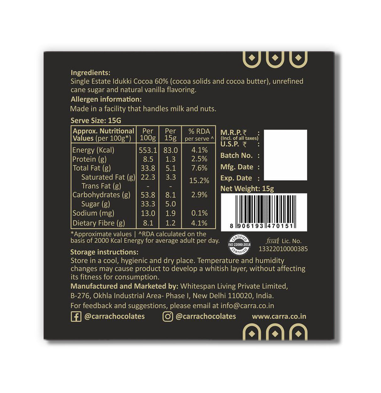 Carra Miniature Chocolate Bars, 120g - Gifting box of 8 combo bars (8x15gm)