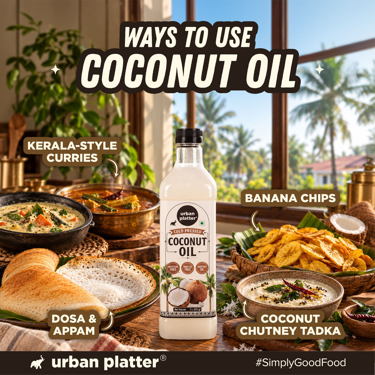 Coconut Oil, 1L (Cold Pressed Unrefined Oil for Baking & Cooking. Cholesterol & Trans-fat Free)