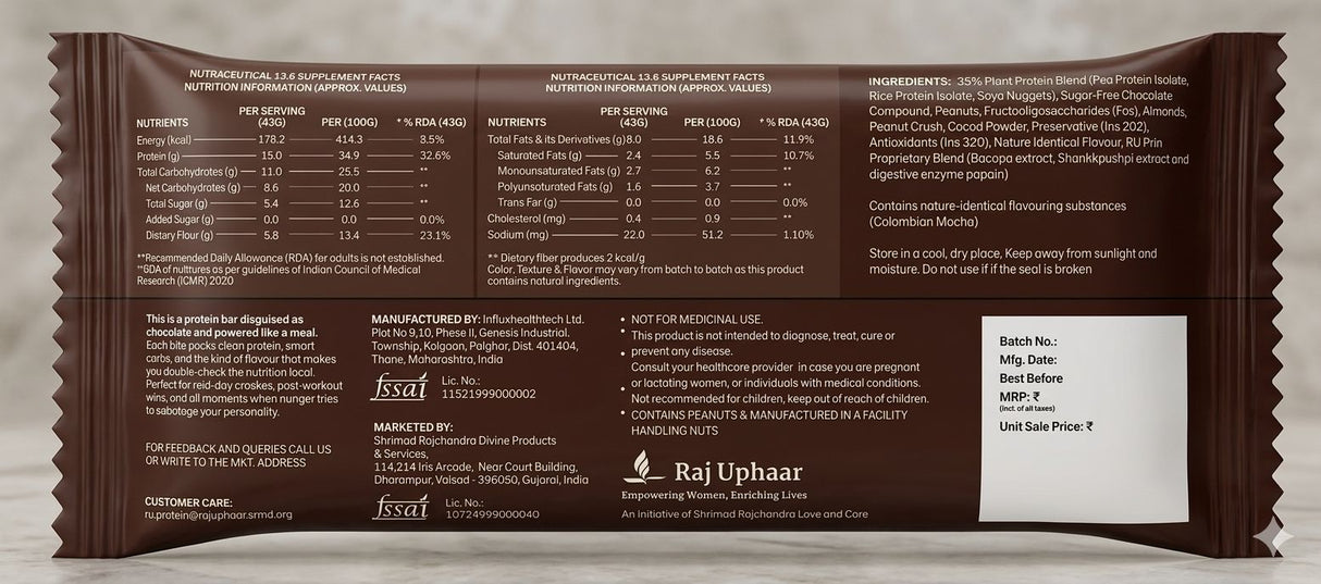 RU Prtn Colombian Mocha Plant Protein Bars,15g (Pack of 6, High Fiber, No Added Sugar, Coffee Energy Snack)