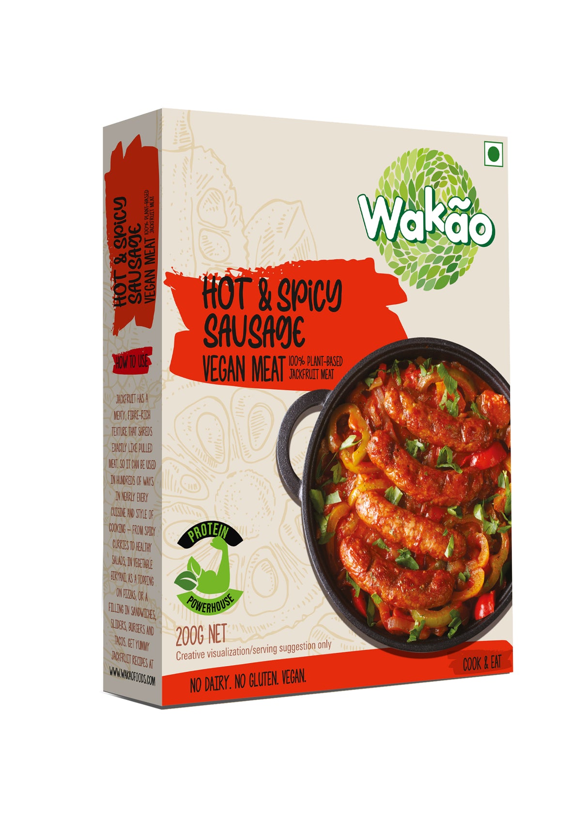 Wakao Hot & Spicy Sausage, 200g (100% Plant based , Ready to cook,Heat & Eat, Tender Jackfruit Sausages)