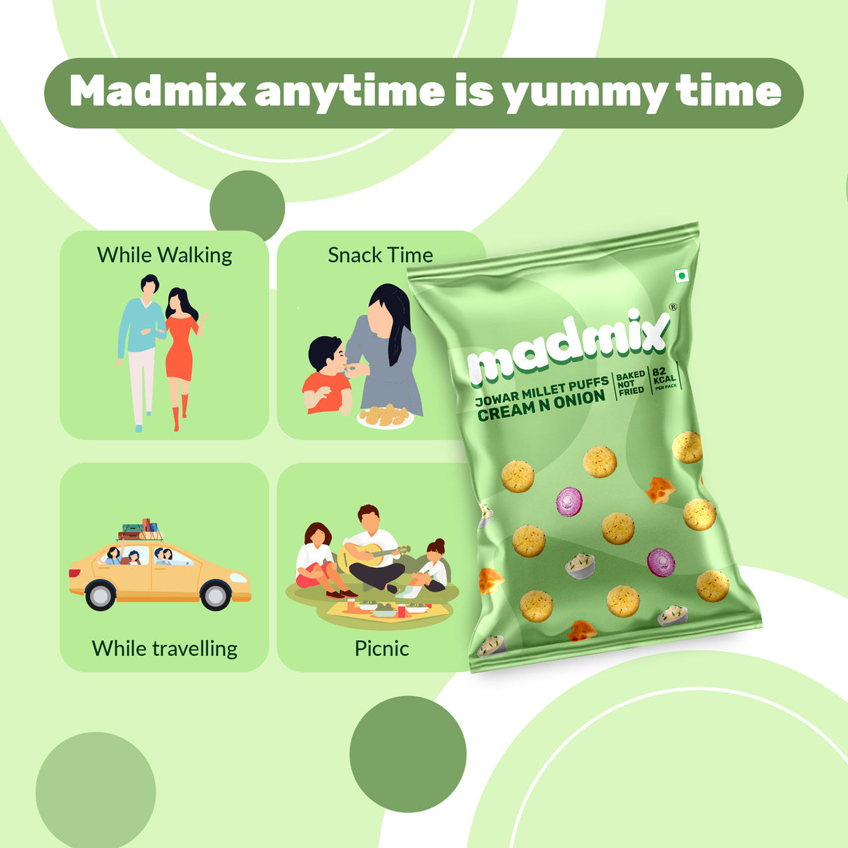 Madmix Jowar Millet Puffs Cream & Onion, 50g