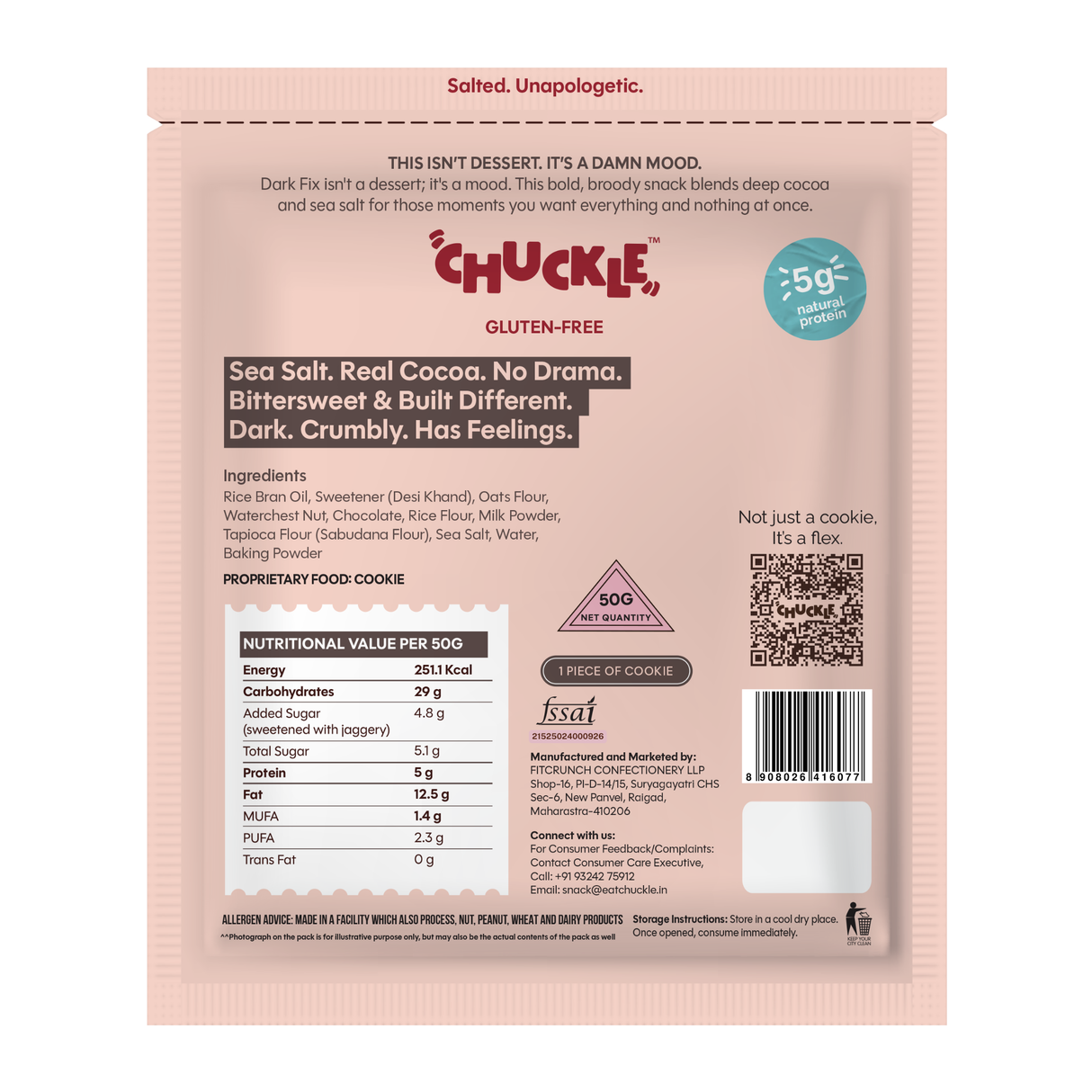 Chuckle Dark Sea Salt Cookie,50g (Dark Chocolate Sea Salt, Gluten-Free, No Palm Oil) - back packaging