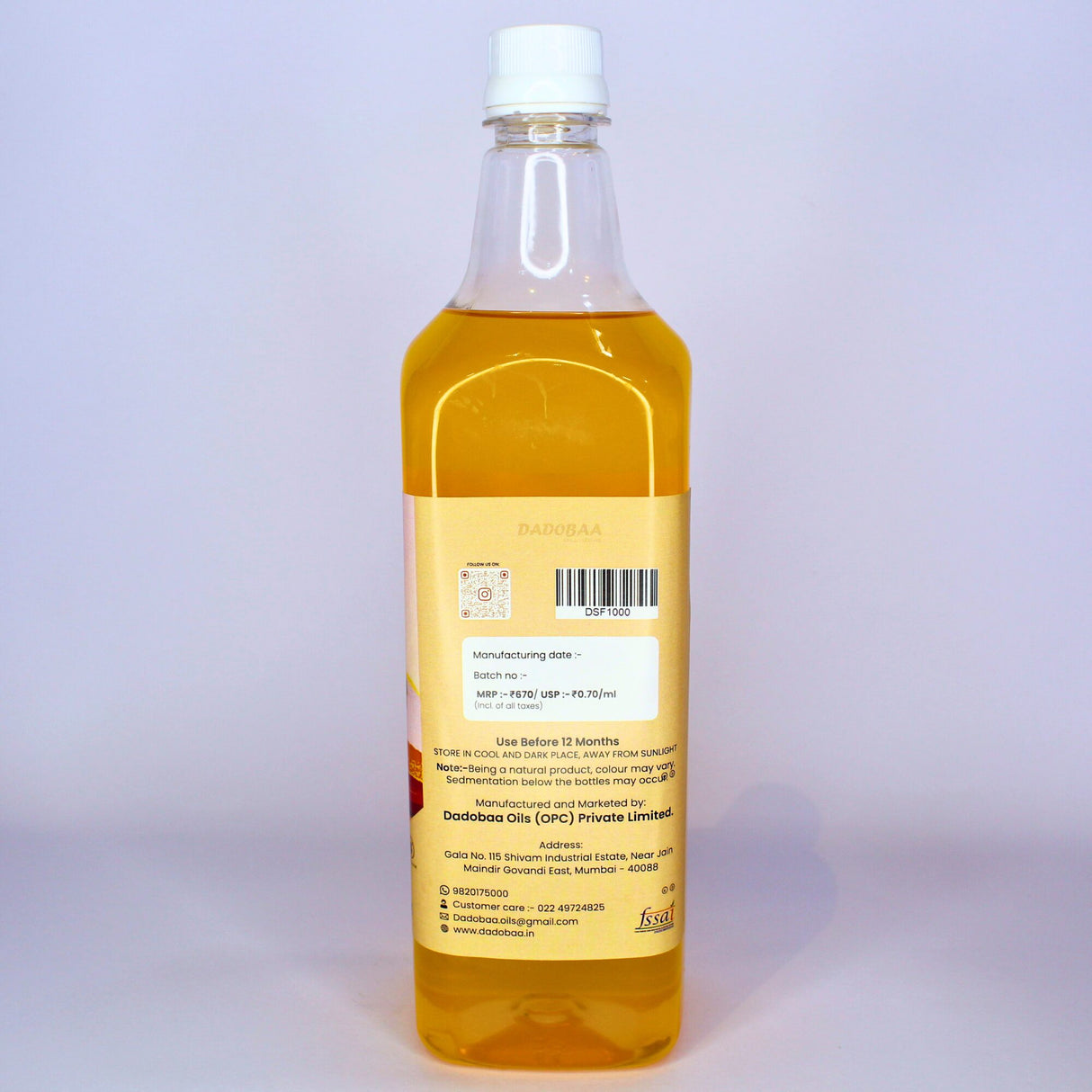 Dadobaa Wood Pressed Safflower Oil, 950 ml