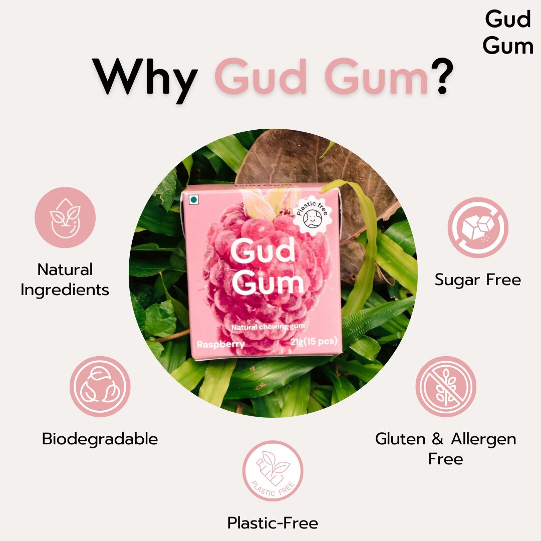 Gud Gum Raspberry Chewing Gum, 21g (Plastic-Free, Sugar-Free, Biodegradable)