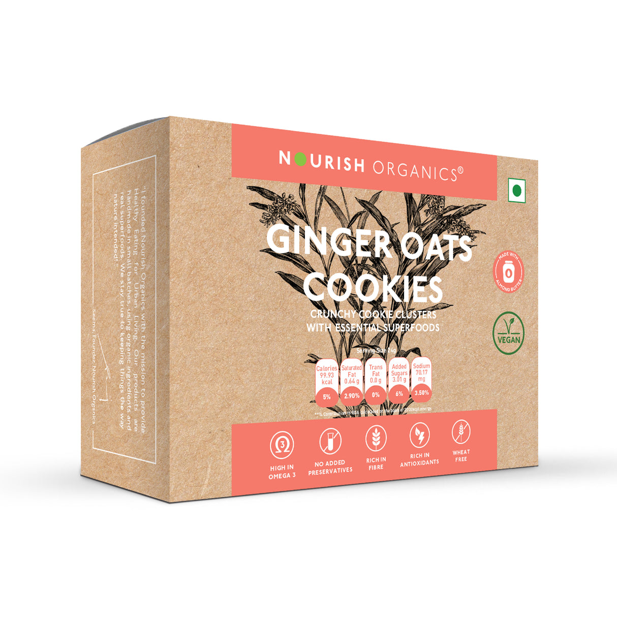 Nourish Organics Ginger Oats Cookies, 120gm (Rich in Fibre | Wheat Free | No Refined Sugar)