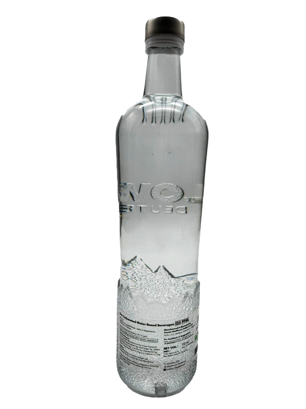 Clear bottle with a label on a white background