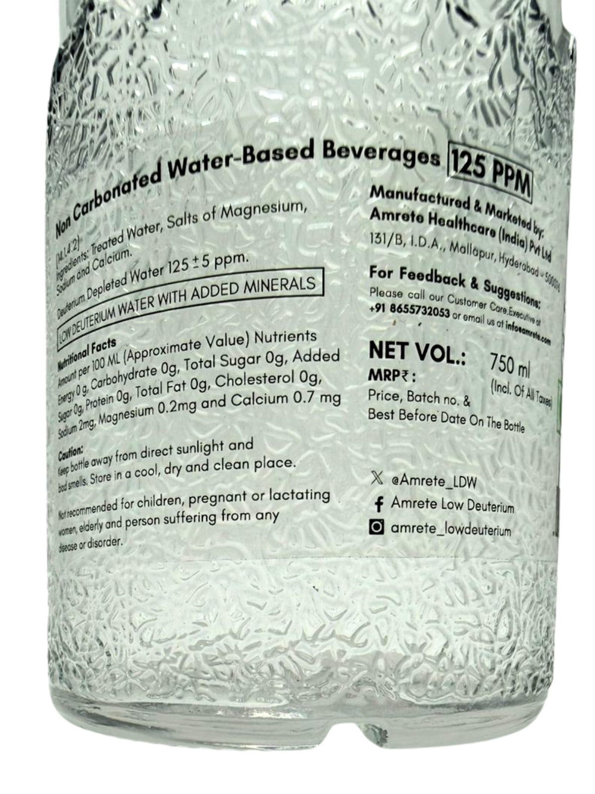 Amrete Low Deuterium Water, 750ml (125 ppm)