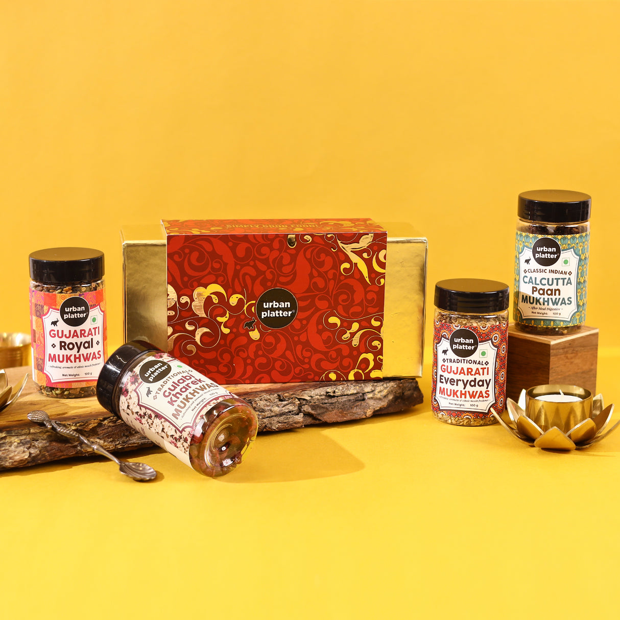 Urban Platter Golden Indulgence Diwali Gift Hamper – Assorted Mukwas (Calcutta Paan, Gujarati Royal & Everyday, Gulaab Kharek), 1 Festive Greeting Card – Perfect Corporate & All-Occasion Gifting