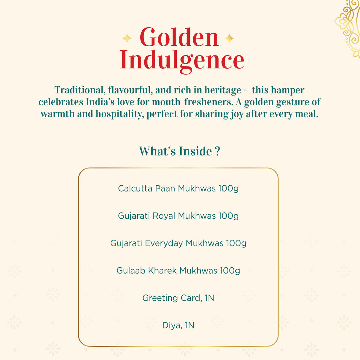 Urban Platter Golden Indulgence Diwali Gift Hamper – Assorted Mukwas (Calcutta Paan, Gujarati Royal & Everyday, Gulaab Kharek), 1 Festive Greeting Card – Perfect Corporate & All-Occasion Gifting