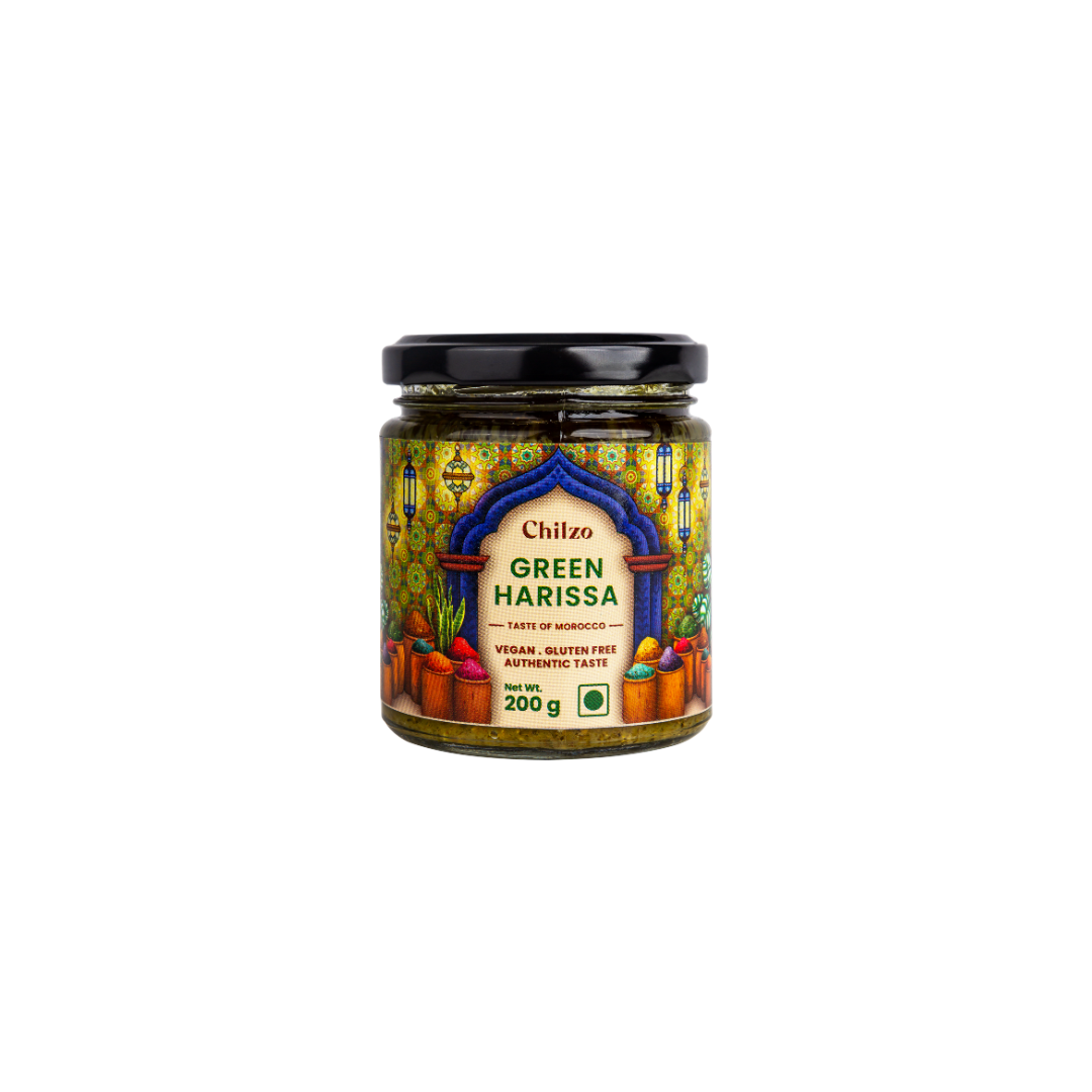 Chilzo Green Harissa Paste,200g (Herby Morrocan Paste, No Artificial Colors/Flavors, Dip, Spread, Marinate, Cook)