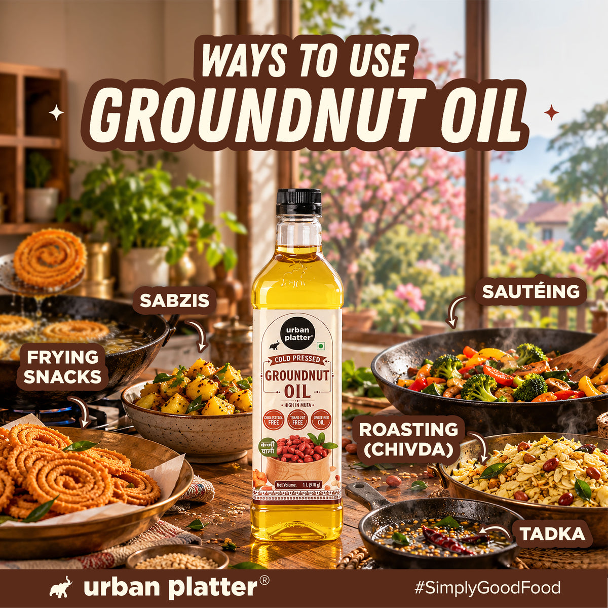 Groundnut Oil, 1L (Cold Pressed Unrefined Oil for Indian Cooking, Sautéing, Frying, Tempering & Everyday Meals)