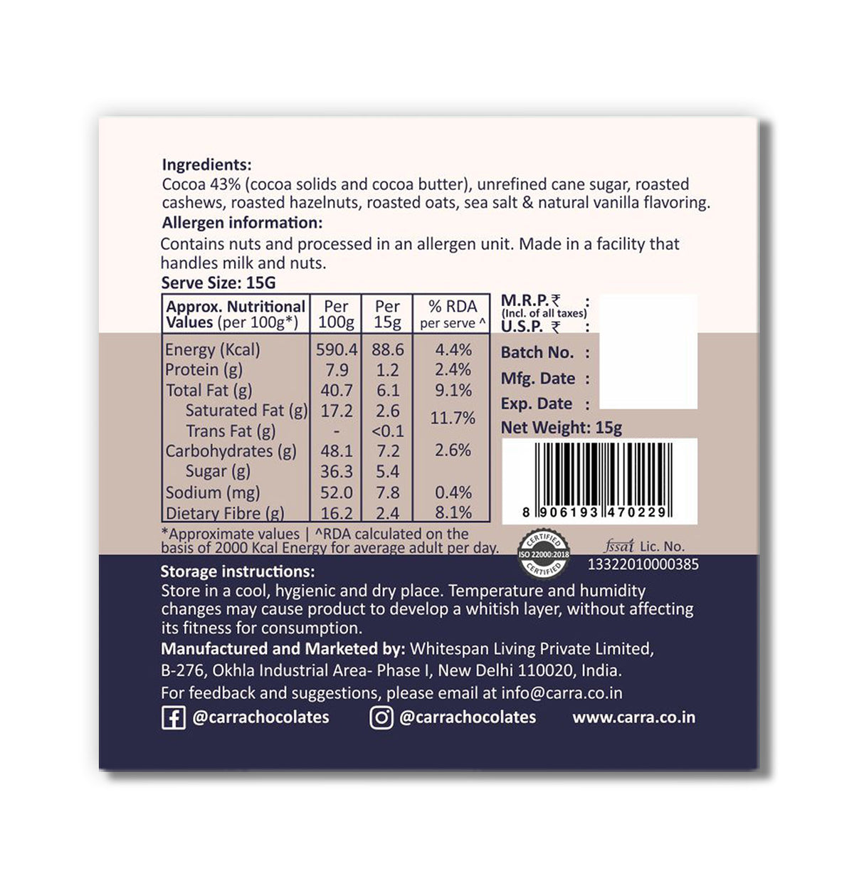 Carra Miniature Chocolate Bars, 120g - Gifting box of 8 combo bars (8x15gm)