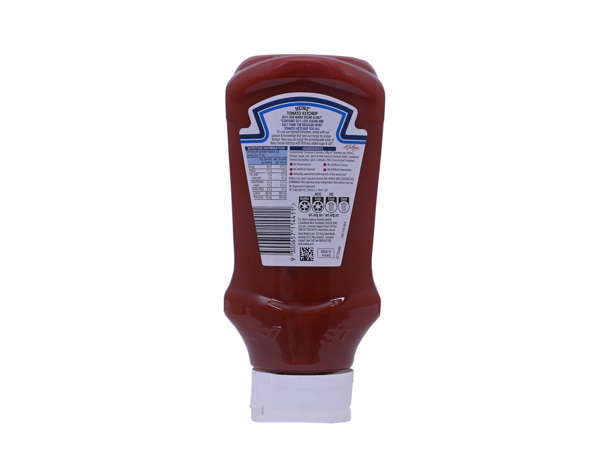 Heinz Tomato Ketchup, 500ml (50% Less Added Sugar & Salt, Made with Sun-Ripened Tomatoes)