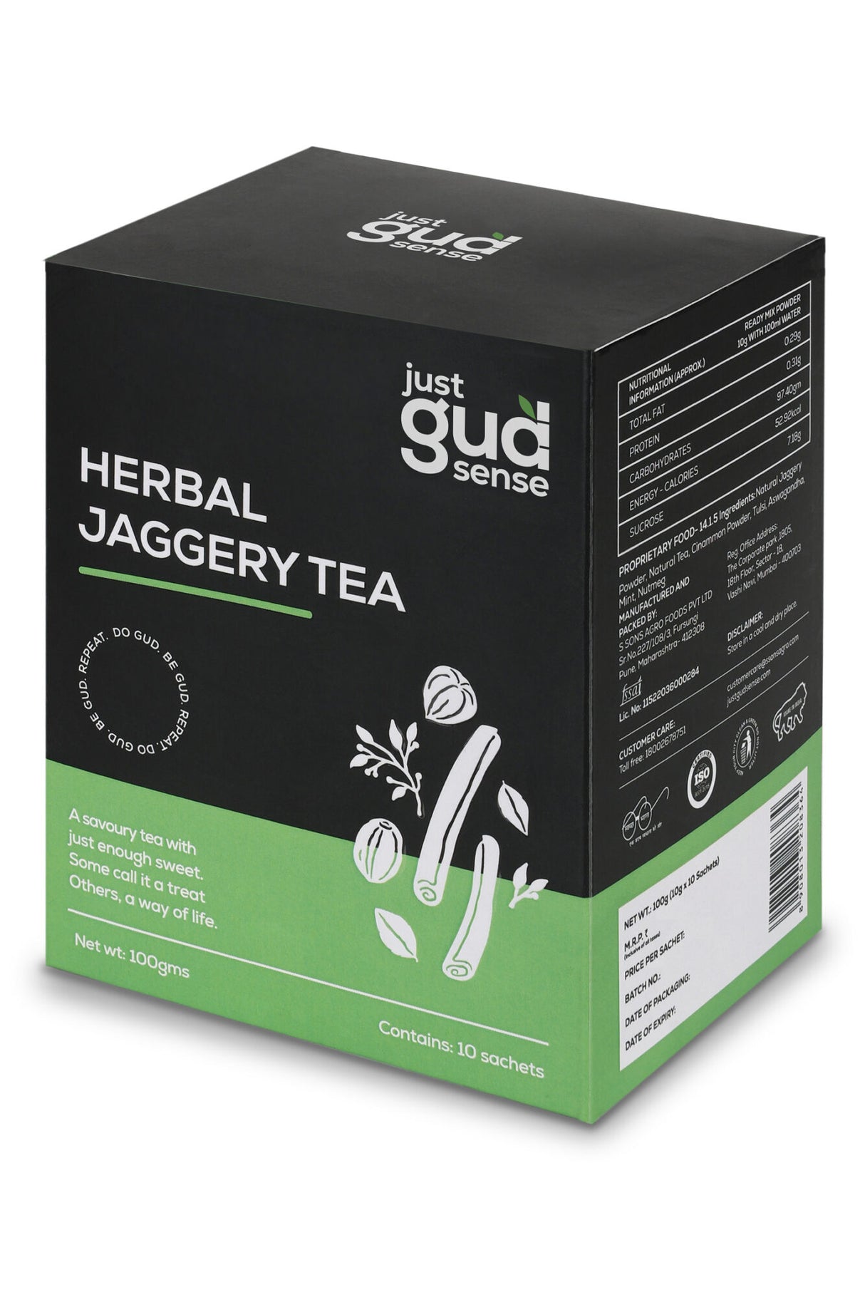 Just Gud Sense Herbal Jaggery Tea Premix, 100g (10 sachets of 10 grams each)