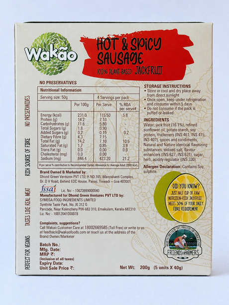 Hot & Spicy Sausage, 200g (100% Plant based , Ready to cook,Heat & Eat, Tender Jackfruit Sausages)