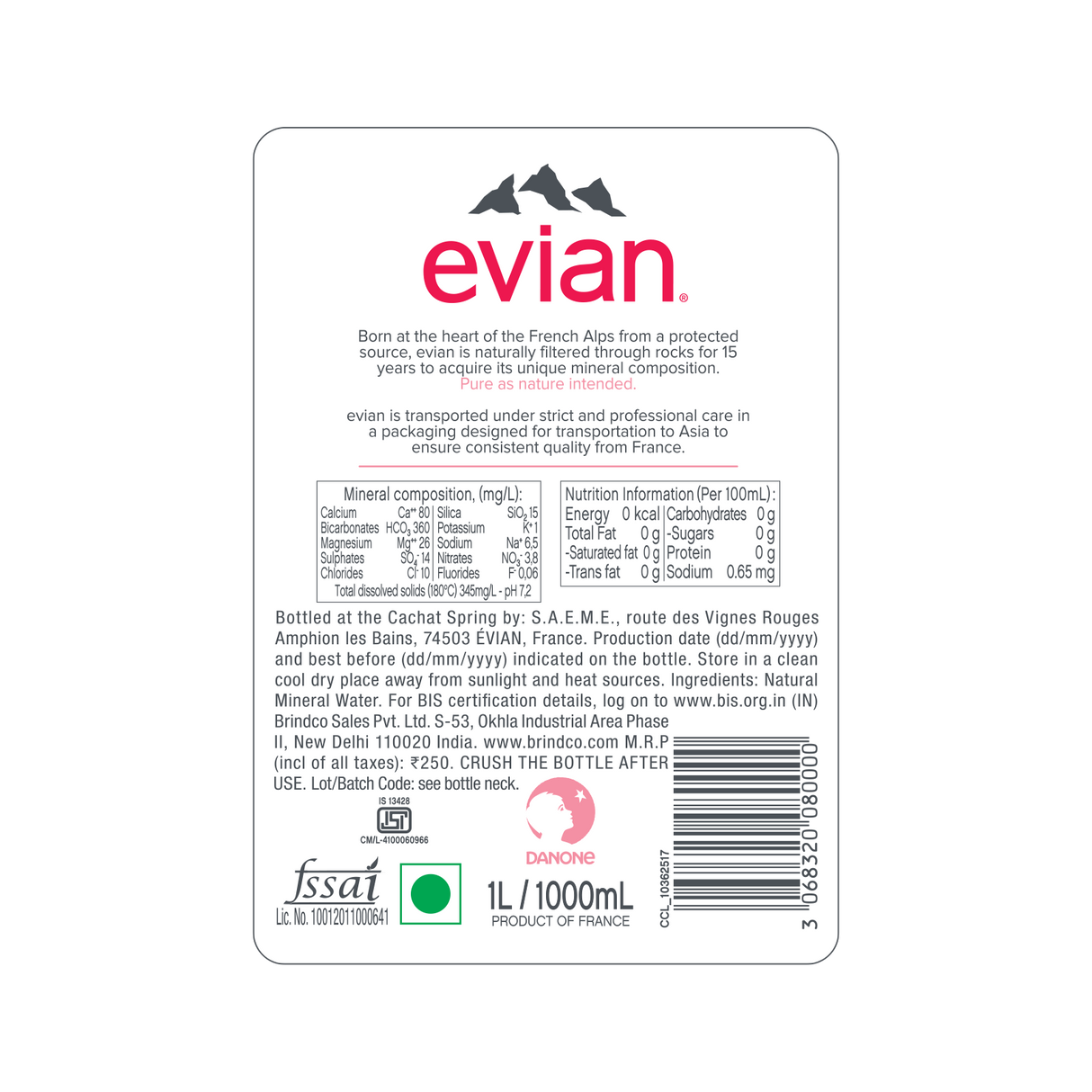 Evian Pure Natural Mineral Water Bottle, 500ml X 24units