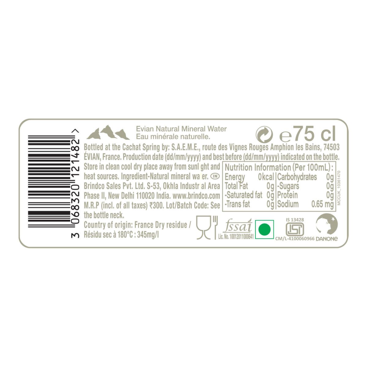 Evian Pure Natural Mineral Glass Water Bottle