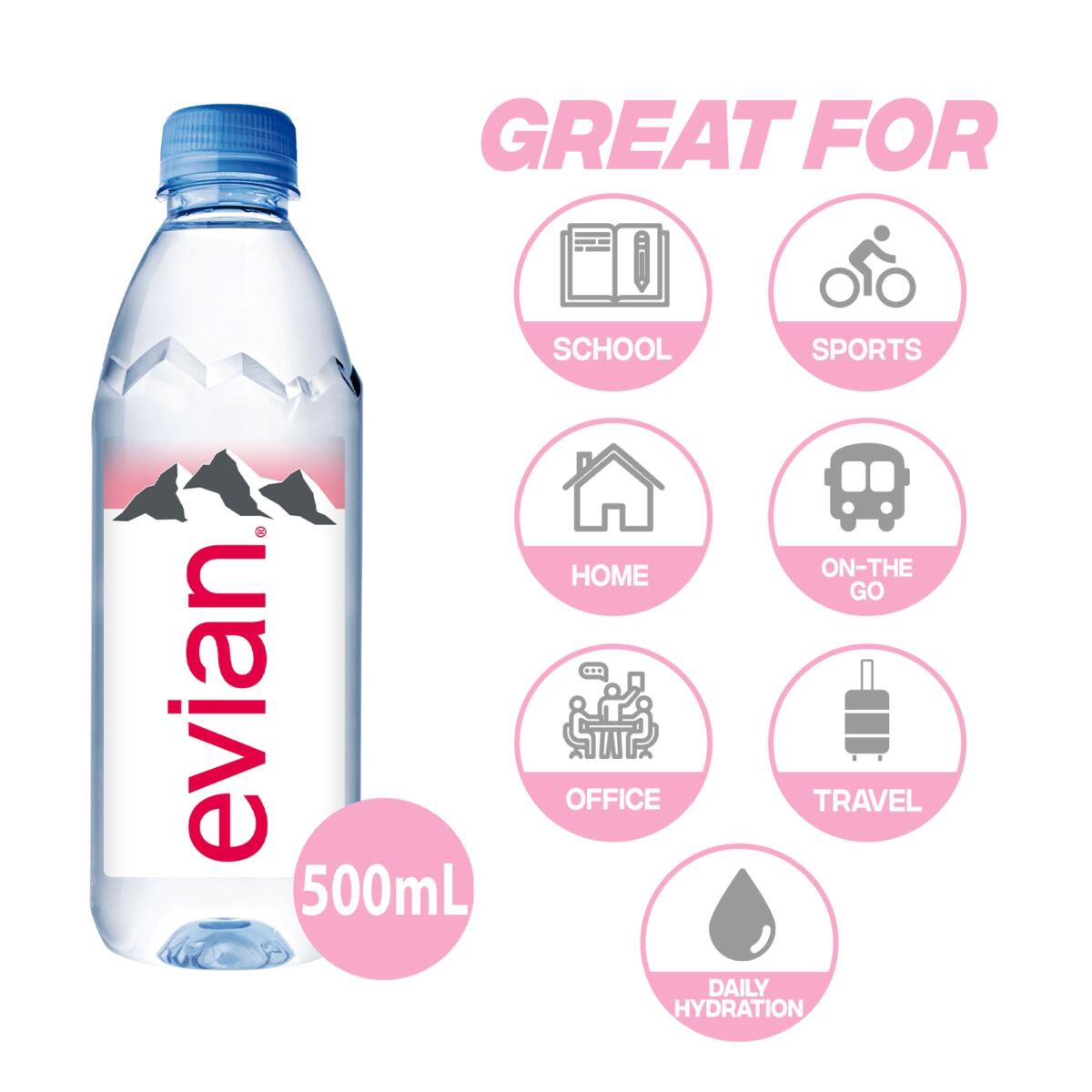 Evian Pure Natural Mineral Water Bottle, 500ml X 24units