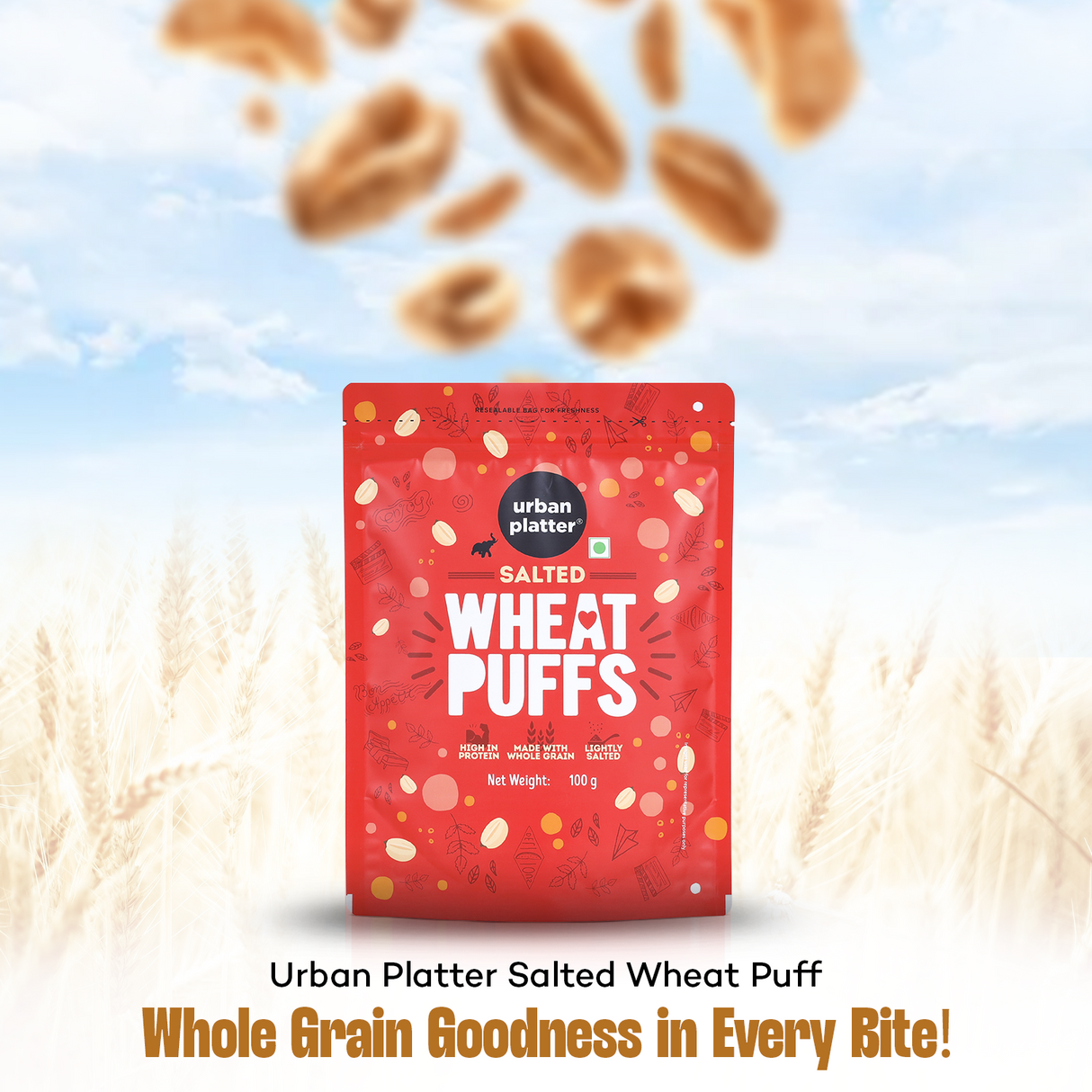 Urban Platter Salted Wheat Puff, 100g (Made from Whole Grain, High in Protein, Lightly Salted, Oil Free, Kid Friendly)