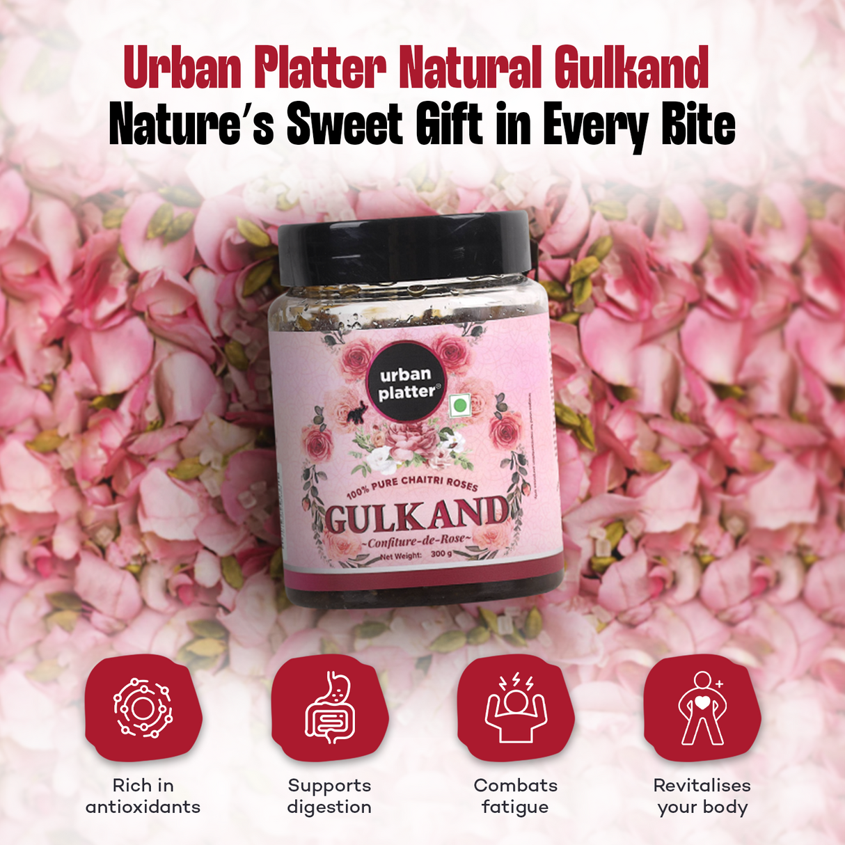 Urban Platter Natural Gulkand (Rose Petal Jam) [100% Natural | Sun Dried | Nature's Coolant | Made from Chaitri Roses]