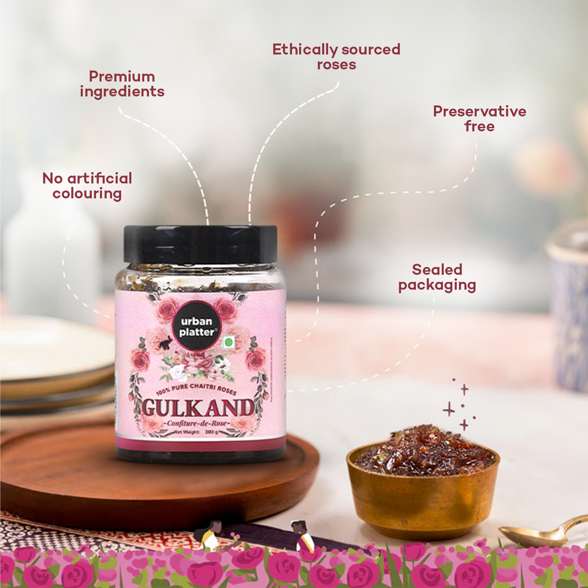 Urban Platter Natural Gulkand (Rose Petal Jam) [100% Natural | Sun Dried | Nature's Coolant | Made from Chaitri Roses]