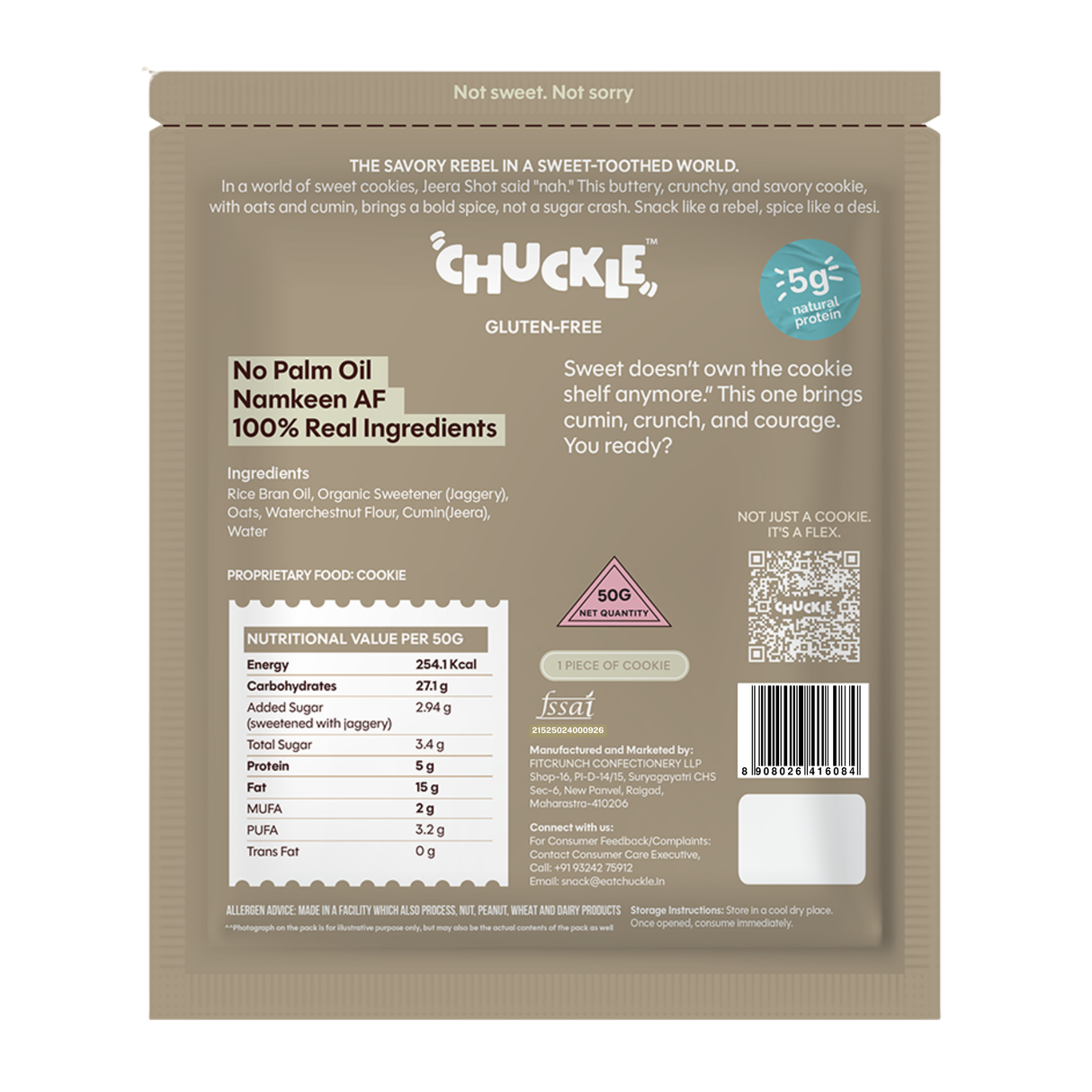 Chuckle Jeera Shot Cookie,50g (Jeera, Gluten-Free, No Palm Oil) - back packaging