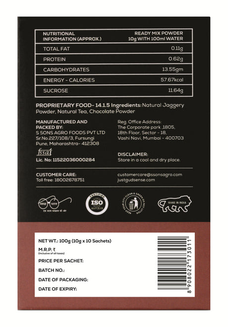 Just Gud Sense Chocolate Jaggery Tea Premix, 100g (10 sachets of 10 grams each)