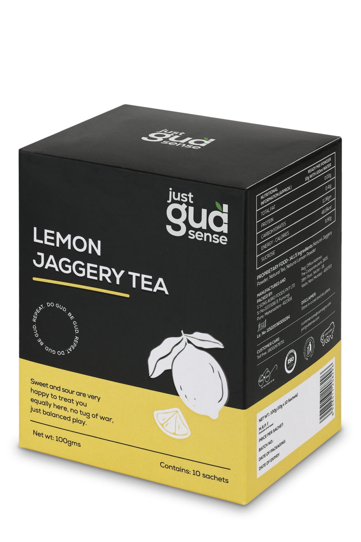 Just Gud Sense Lemon Jaggery Tea Premix, 100g (10 sachets of 10 grams each)