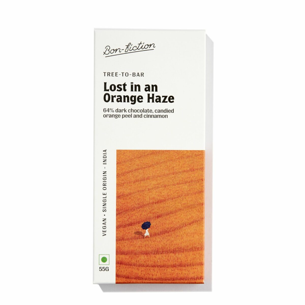 Bon Fiction – Lost in an Orange Haze, (64% Dark Chocolate, Candied Orange Peel and Cinnamon), 55g