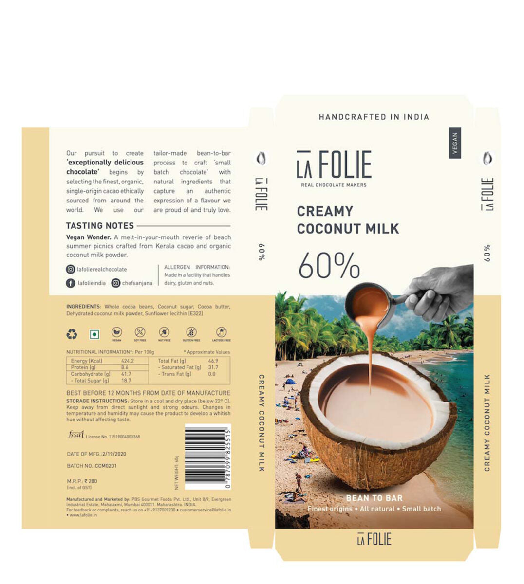 La Folie 60% Creamy Coconut Milk Bar, 60g