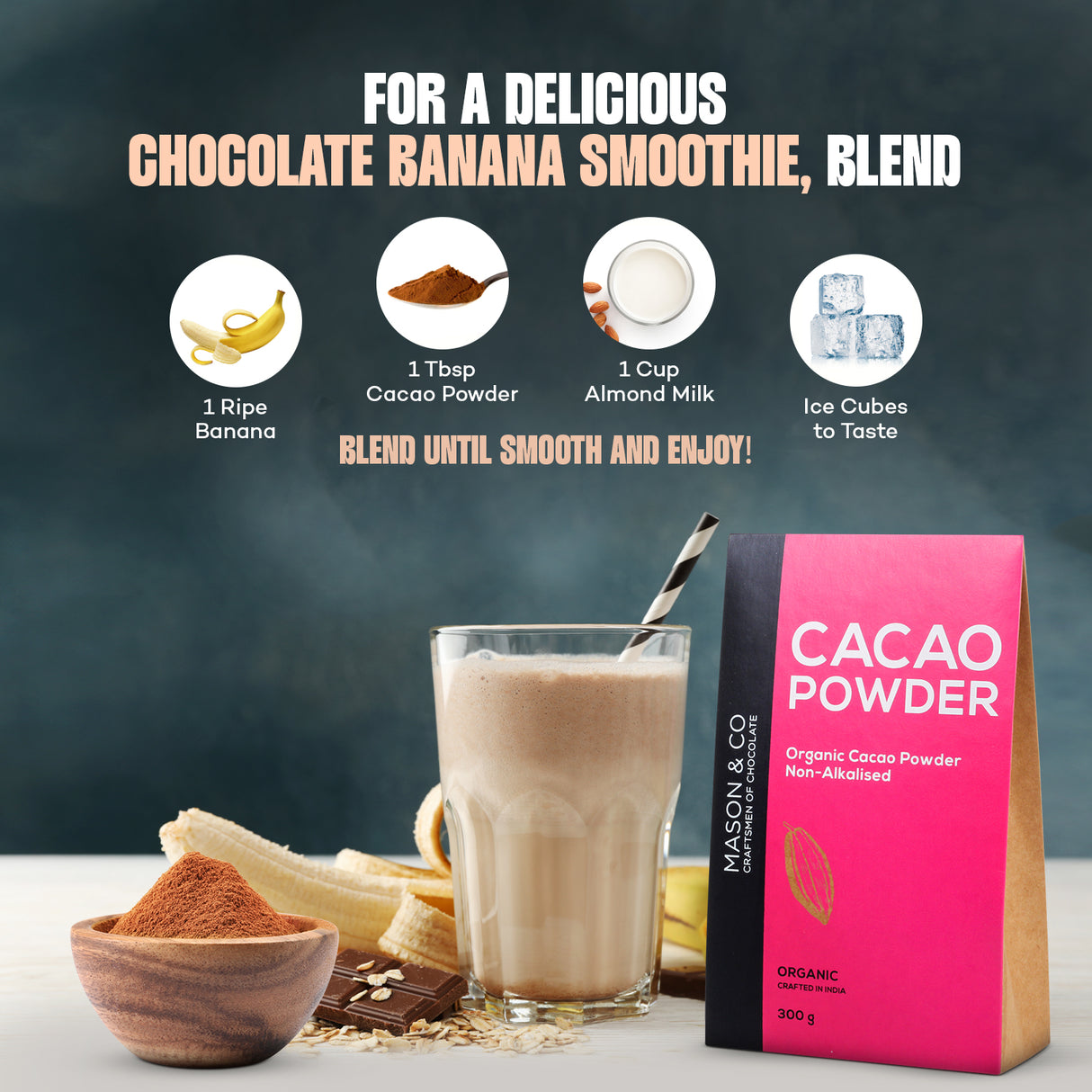 Mason & Co. Non-Alkalised Organic Vegan Artisanal Indian Cacao Powder, 300g