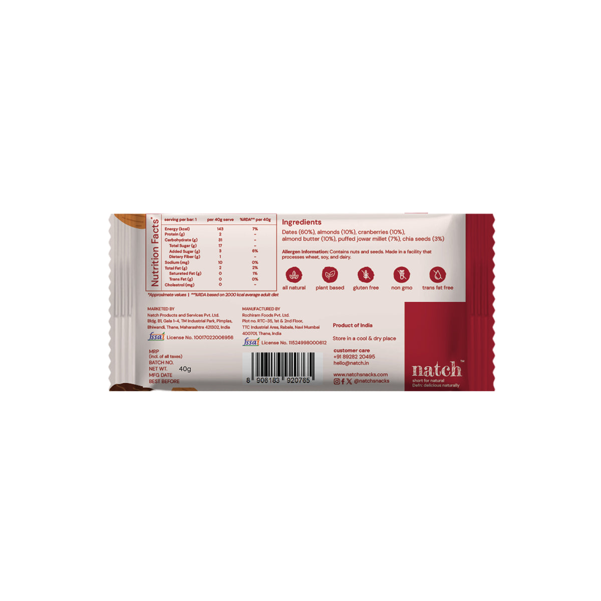 Almond Cranberry Millet Bar, 40g x 6 (Tasty Energy Bar, With 12g Protein | Made From Dates, Almonds, Cranberries, Almond Butter, Puffed Jowar Millets And Chia Seeds)