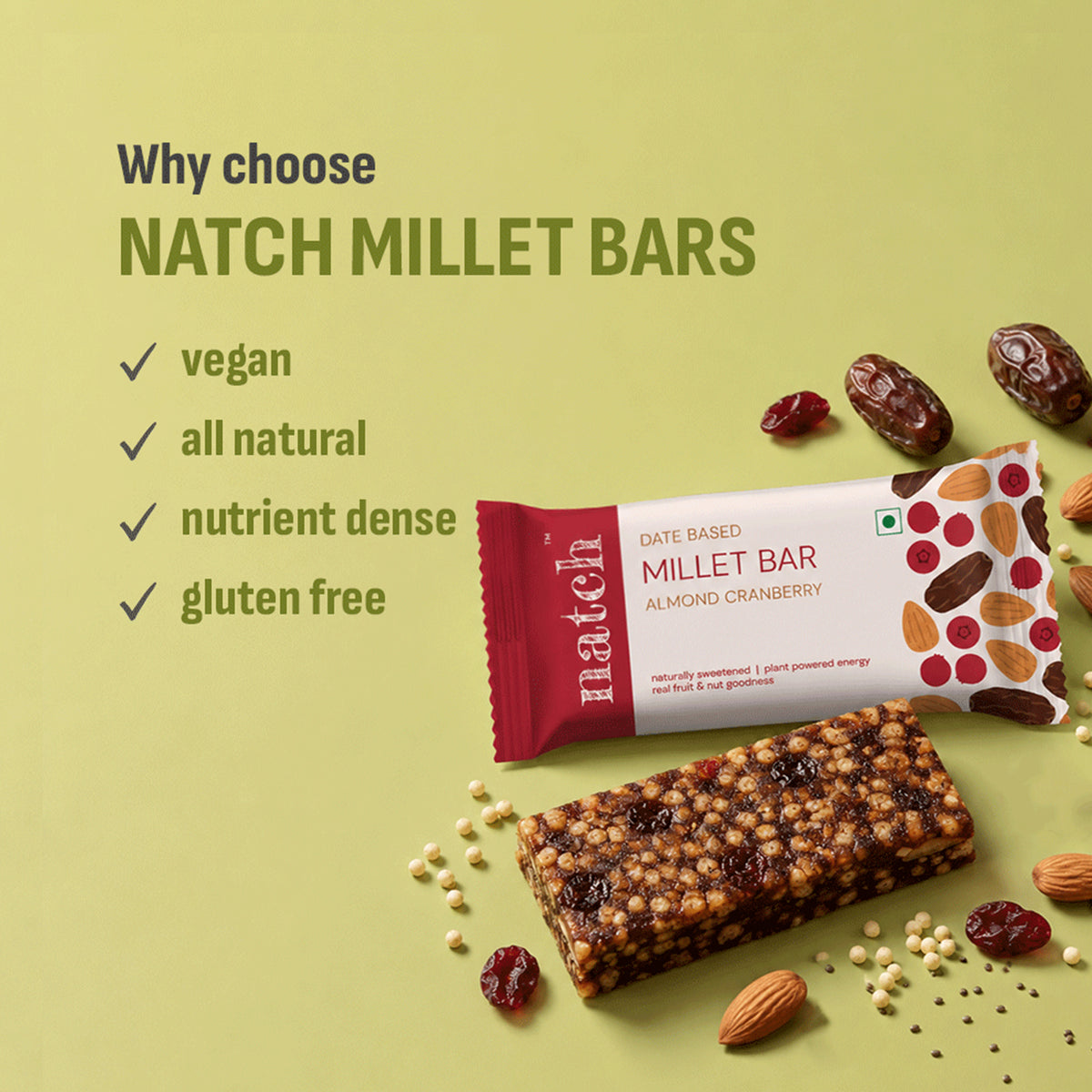 Almond Cranberry Millet Bar, 40g x 6 (Tasty Energy Bar, With 12g Protein | Made From Dates, Almonds, Cranberries, Almond Butter, Puffed Jowar Millets And Chia Seeds)