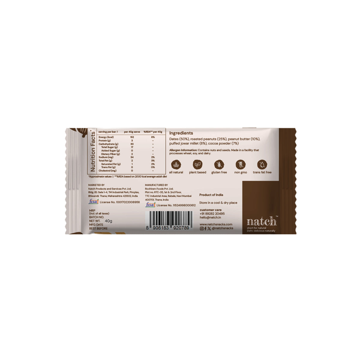 Peanut Cocoa Millet Bar, 40g x 6 (Tasty Energy Bar, With 18g Protein | Made From Dates, Roasted Peanuts, Puffed Jowar Millets, Peanut Butter And Cocoa Powder)