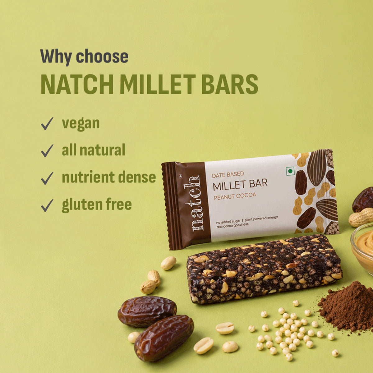 Peanut Cocoa Millet Bar, 40g x 6 (Tasty Energy Bar, With 18g Protein | Made From Dates, Roasted Peanuts, Puffed Jowar Millets, Peanut Butter And Cocoa Powder)
