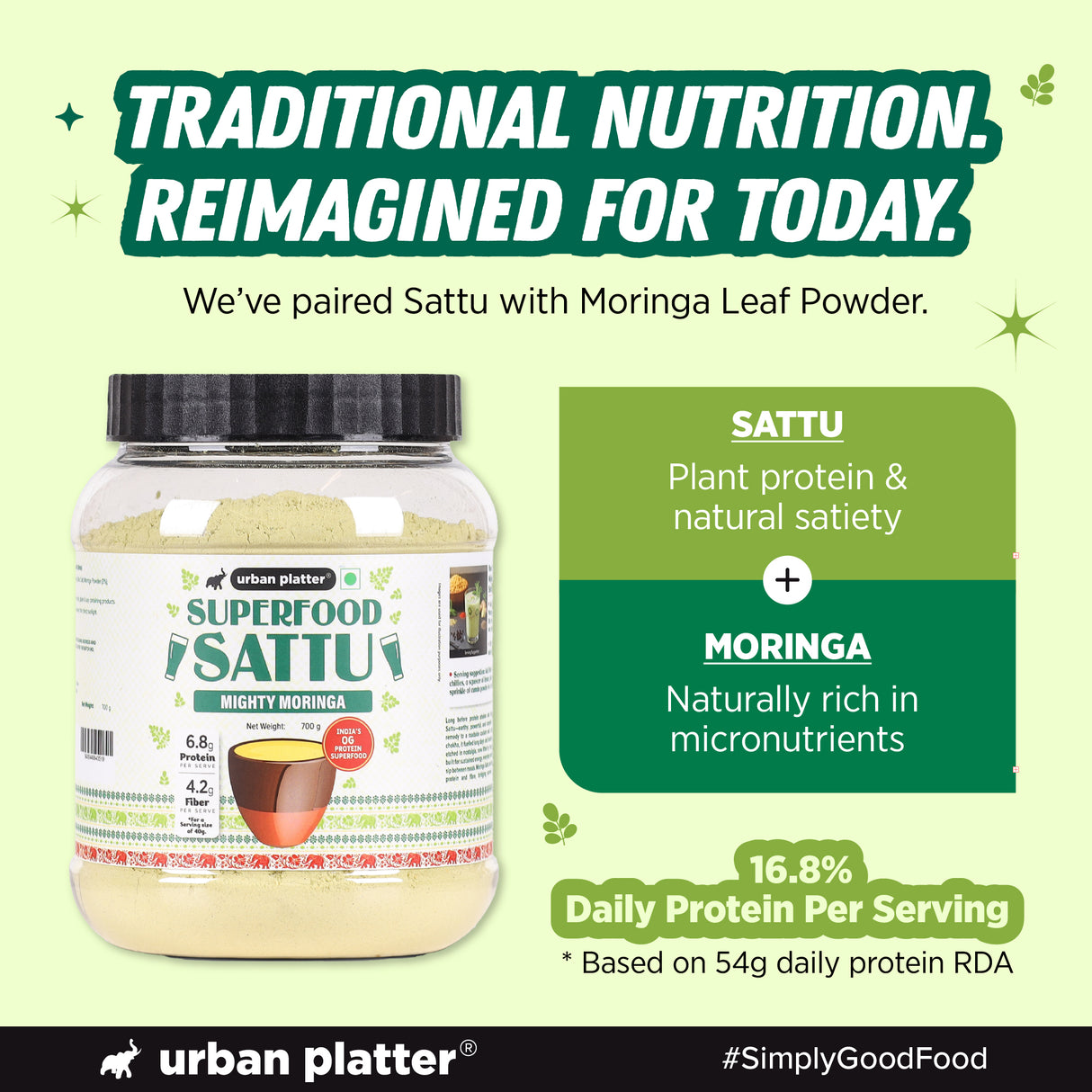 Urban Platter Moringa Superfood Sattu, 700g (High Protein & Fibre | Natural Coolant | Mid-Meal Drink | Traditional Plant Protein)