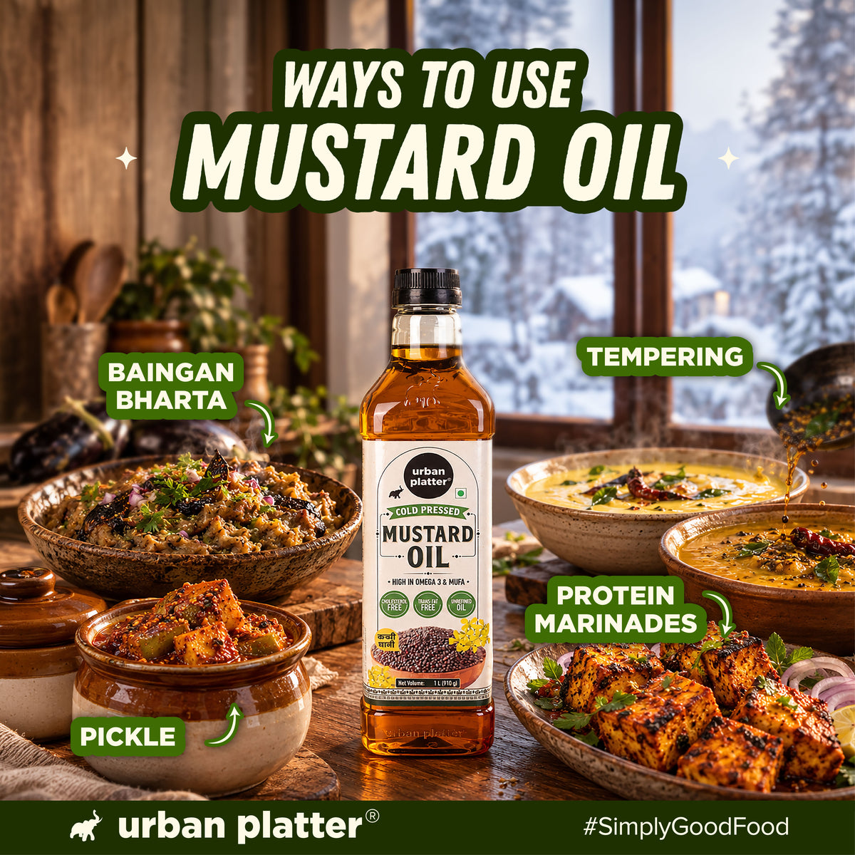 Mustard Oil, 1L (Unrefined Kacchi Ghaani Sarson Oil, High in Omega-3 & MUFA, Cholesterol Free & Trans-Fat Free | Indian Cooking Oil)