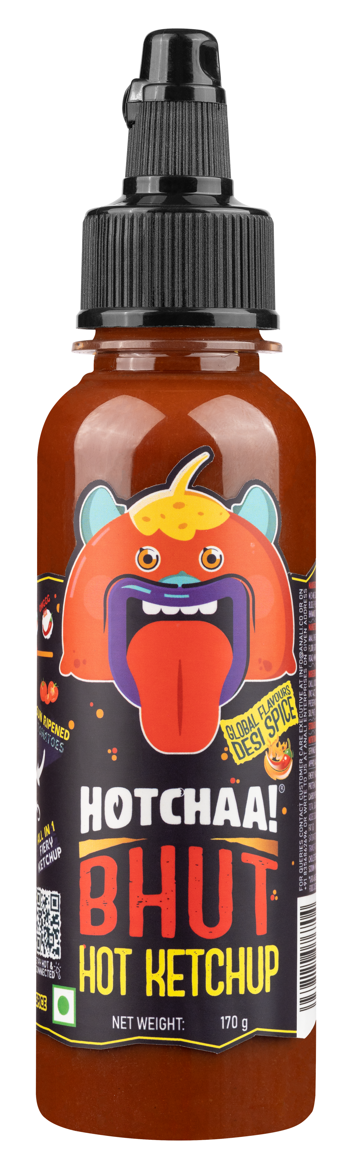 Hotchaa! Bhut Hot Ketchup, 170g (Made with Global Flavours & Desi Spice, NO MSG, Made with Bhut Jalokia, Smoky, Bold, Tangy, All in 1, Flavourful, )