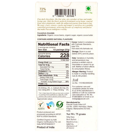 Pascati 72% Dark India Organic Chocolate, 75g [Pack of 2]