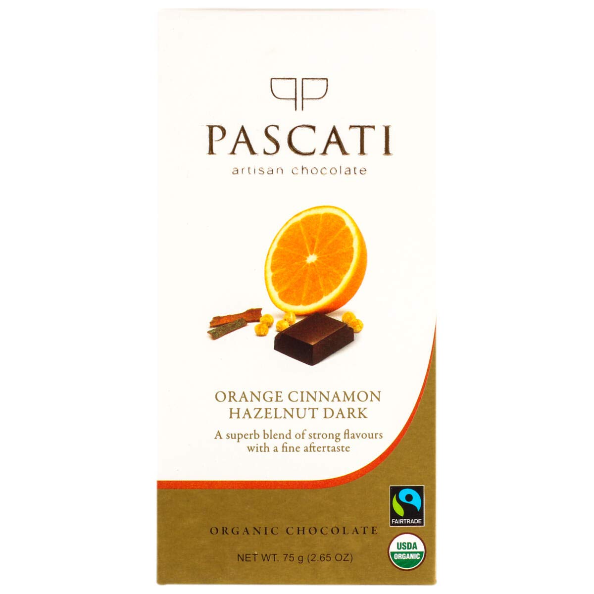 Pascati Chocolate Orange Cinnamon Hazelnuts Dark USDA Organic Chocolate, 75g [Pack of 2]