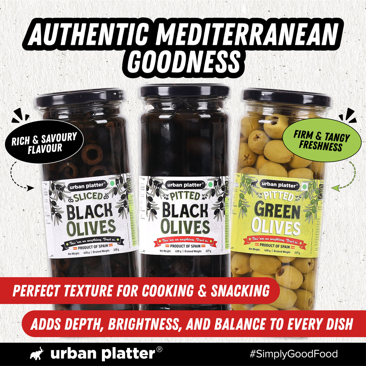 Urban Platter Pitted Black Spanish Olives, 430g  (Whole & Seedless | Rich Mediterranean Taste | Ideal for Pizzas, Salads, Pasta & Snacking)