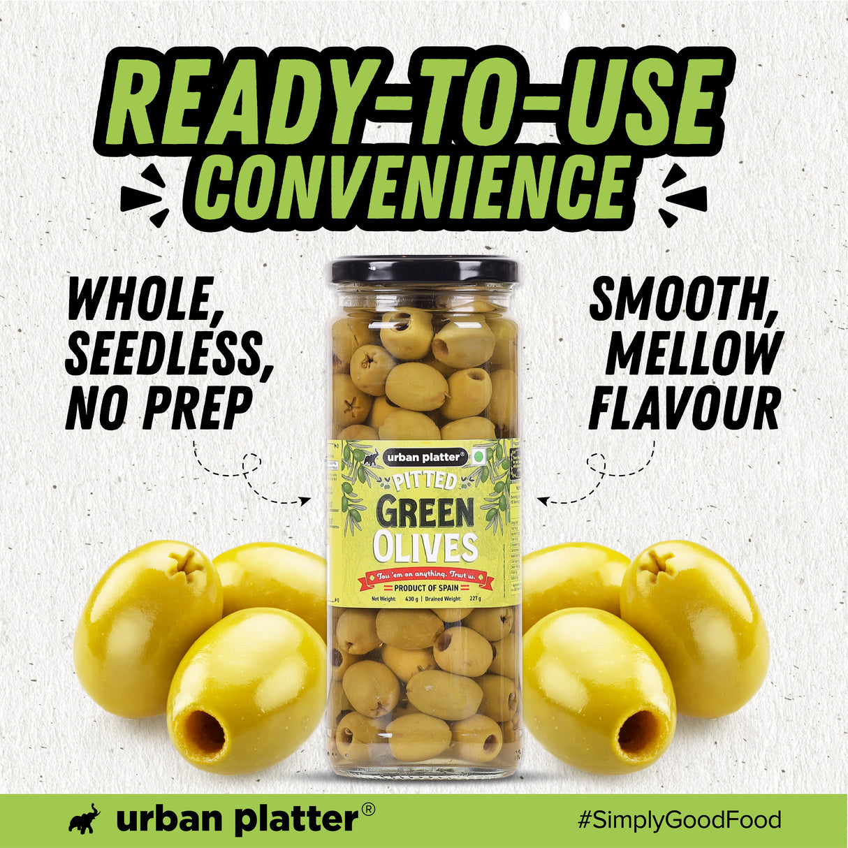 Urban Platter Pitted Green Spanish Olives, 430g  (Whole & Seedless | Crisp & Tangy Mediterranean Flavour | Great for Salads, Mezze, Sandwiches & Snacking)
