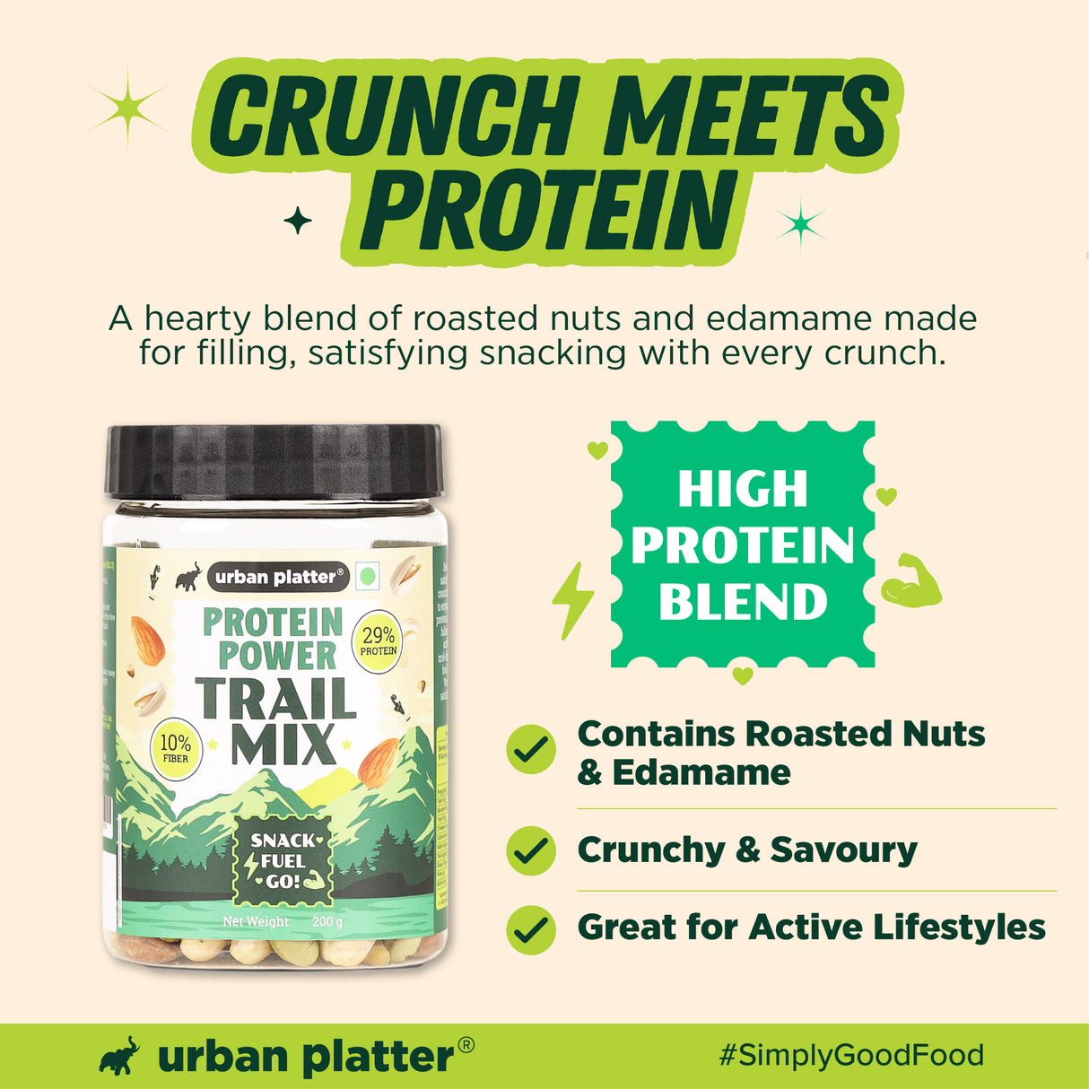 Urban Platter Protein Power Trail Mix, 200g (High Protein Snack Mix | 29% Protein | Crunchy & Salted Nuts & Edamame | Ready-to-Eat)