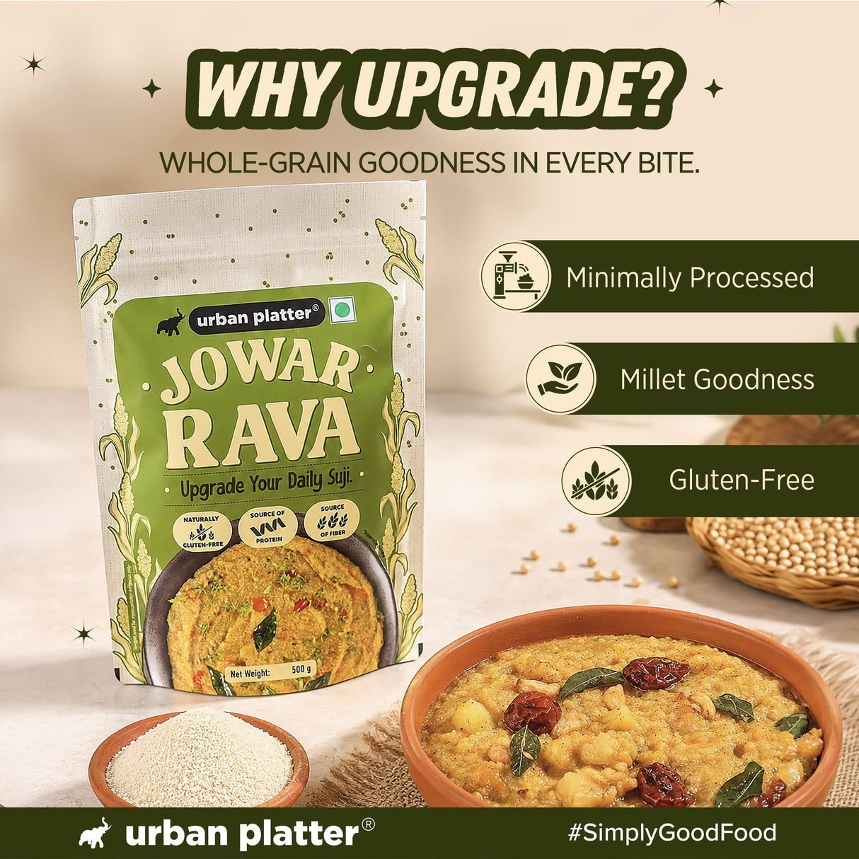 Jowar Rava, 500g (Naturally Gluten-free | Source of Protein & Fibre | A Smart Swap for Regular Sooji | Perfect for Upma, Khichdi, Porridge, Halwa & More)